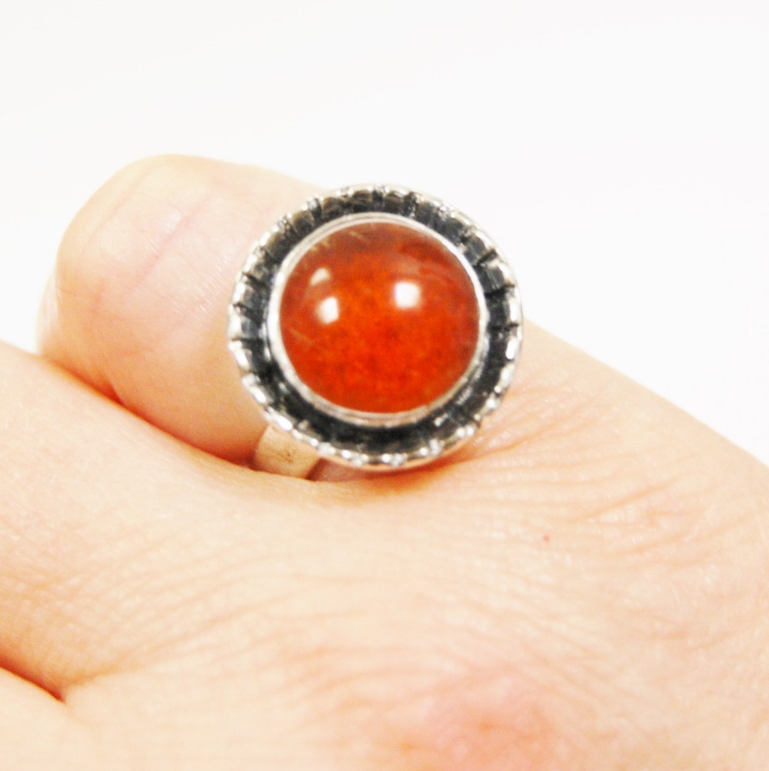 Bague En Argent Massif Avec Cabochon Orange - Taille 57, Occasion, Sans Marque, Pièce Unique