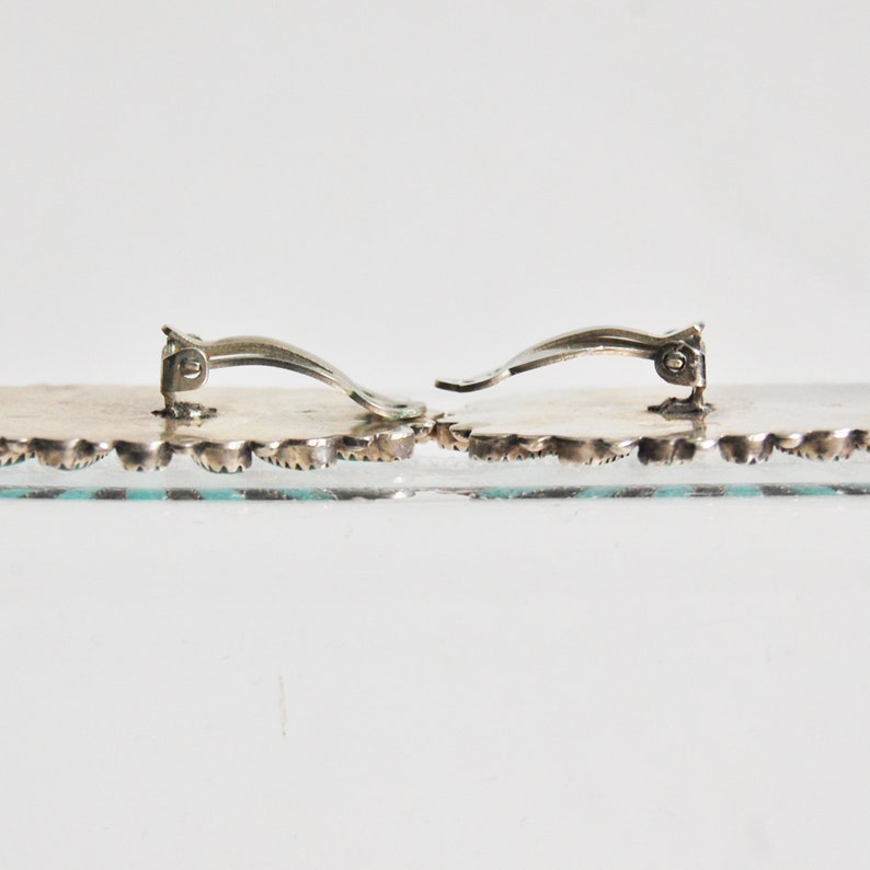 Vintage 1960s Native American Sterling Silver Earrings Turquoise Petit Point Zuni Signed Large Southwestern Chic