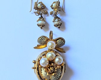 Antique Locket and Earring Set Victorian or Edwardian 9k or 10k Yellow Gold with Pearls