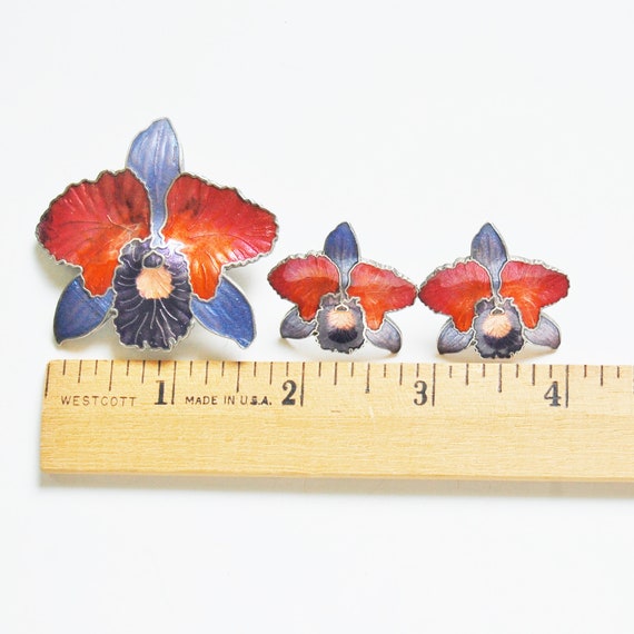 Vintage 1980s Cloisonne Flower Earring and Brooch… - image 2