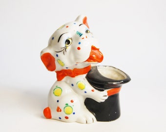 Vintage 1930s Dog with Top Hat Art Deco Made In Japan Porcelain Ceramic Hand Painted Polka Dot Pin Cusion or Vase