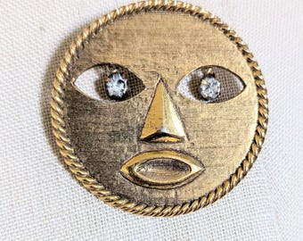 Vintage Jeanne Novelty Brooch Face with Rhinestone Dangle Eyes 1960s Gold Tone