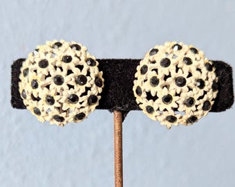 Vintage 1950s White Enamel Black Rhinestone Flower Earrings Signed KRAMER