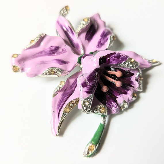 Vintage REINAD Orchid Brooch 1940s Purple Enamel … - image 4