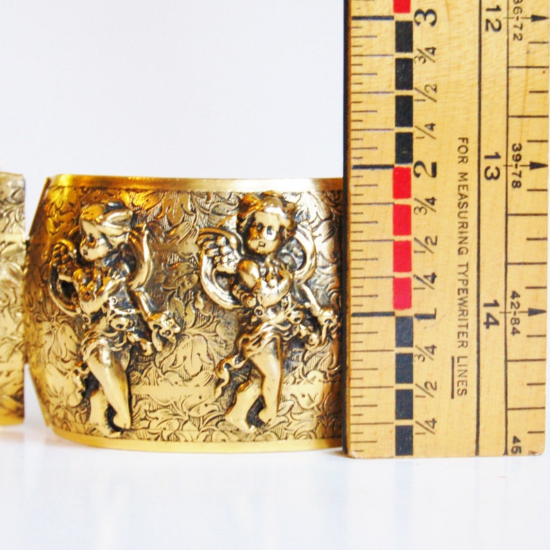 Vintage Freirich Cherub Hinged Cuff Bracelet Victorian Revival 1960s Wide Gold Tone