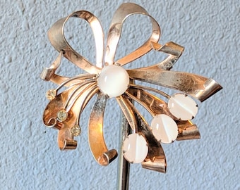 Vintage Sterling Silver Bow Brooch Rhinestone Faux Moonstone 1950s Gold Wash