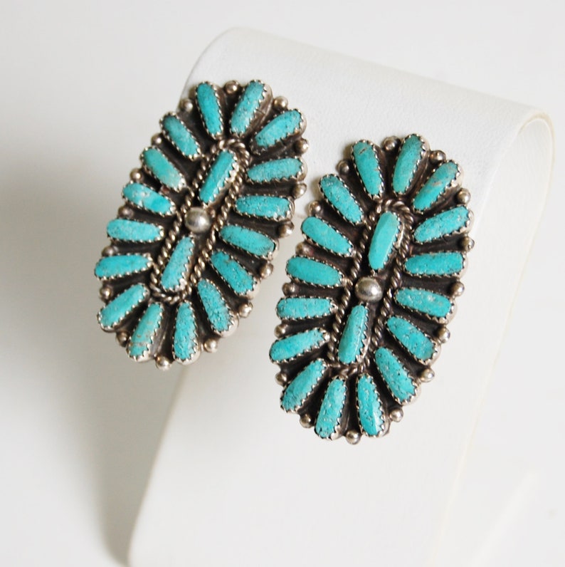 Vintage 1960s Native American Sterling Silver Earrings Turquoise Petit Point Zuni Signed Large Southwestern Chic