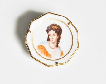 Vintage 1950s Limoges Porcelain Plate Brooch French Woman Elegant Gift