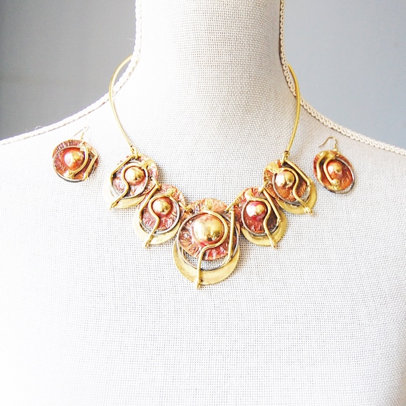 Vintage 1980s Artsy Necklace and Earring Set Mixe… - image 1