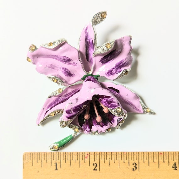 Vintage REINAD Orchid Brooch 1940s Purple Enamel … - image 9