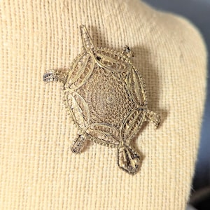 Vintage Topazio Filigree Turtle Brooch 1950s Gilt Silver Portugal