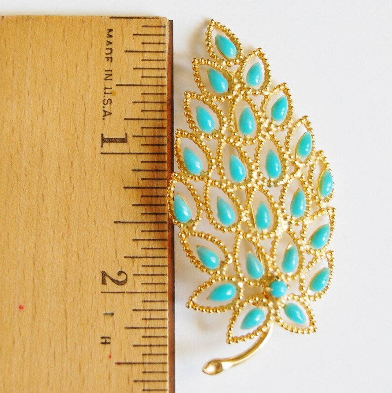 Vintage 70s Ornate Brooch Faux Persian Turquoise Gold Tone Leaf image 2