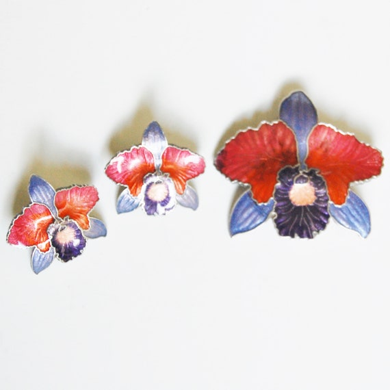 Vintage 1980s Cloisonne Flower Earring and Brooch… - image 1