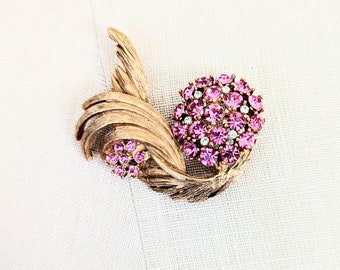 Vintage 1960s Pink Rhinestone Dome Brooch Gold Tone Swirls Dramatic Stylized Mod