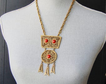 Vintage Modernist Pendant Necklace 1970s Runway Statement Jewelry Tribal