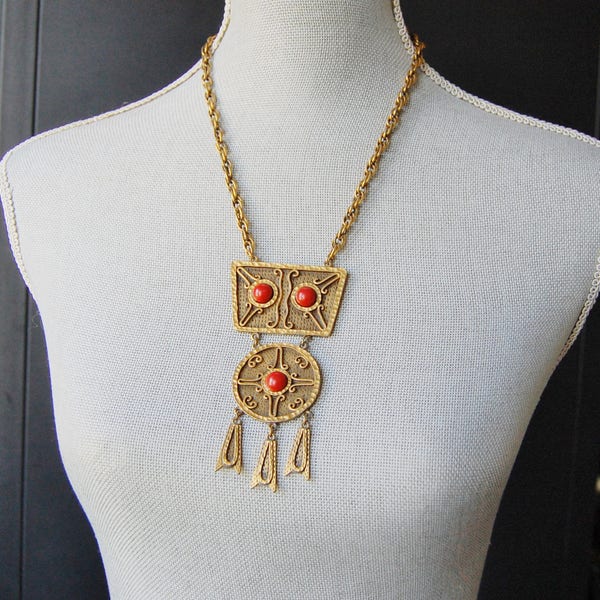 Vintage Modernist Pendant Necklace 1970s Runway Statement Jewelry Tribal