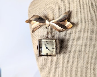 Vintage 1950s Bulova Lapel Watch Watch See Through Cube Bow Brooch