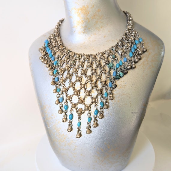 Vintage Egyptian Bib Necklace With Turquoise Glass Beads Etsy