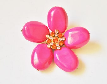 Large 1950s Pink Plastic Flower Brooch Rhinestone Center Chunky Beads