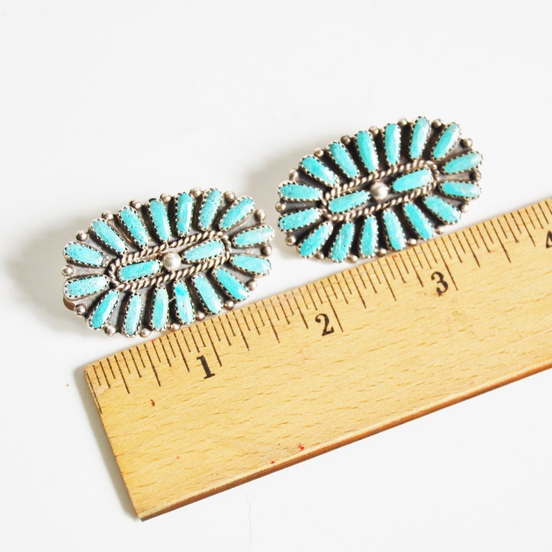 Vintage 1960s Native American Sterling Silver Earrings Turquoise Petit Point Zuni Signed Large Southwestern Chic