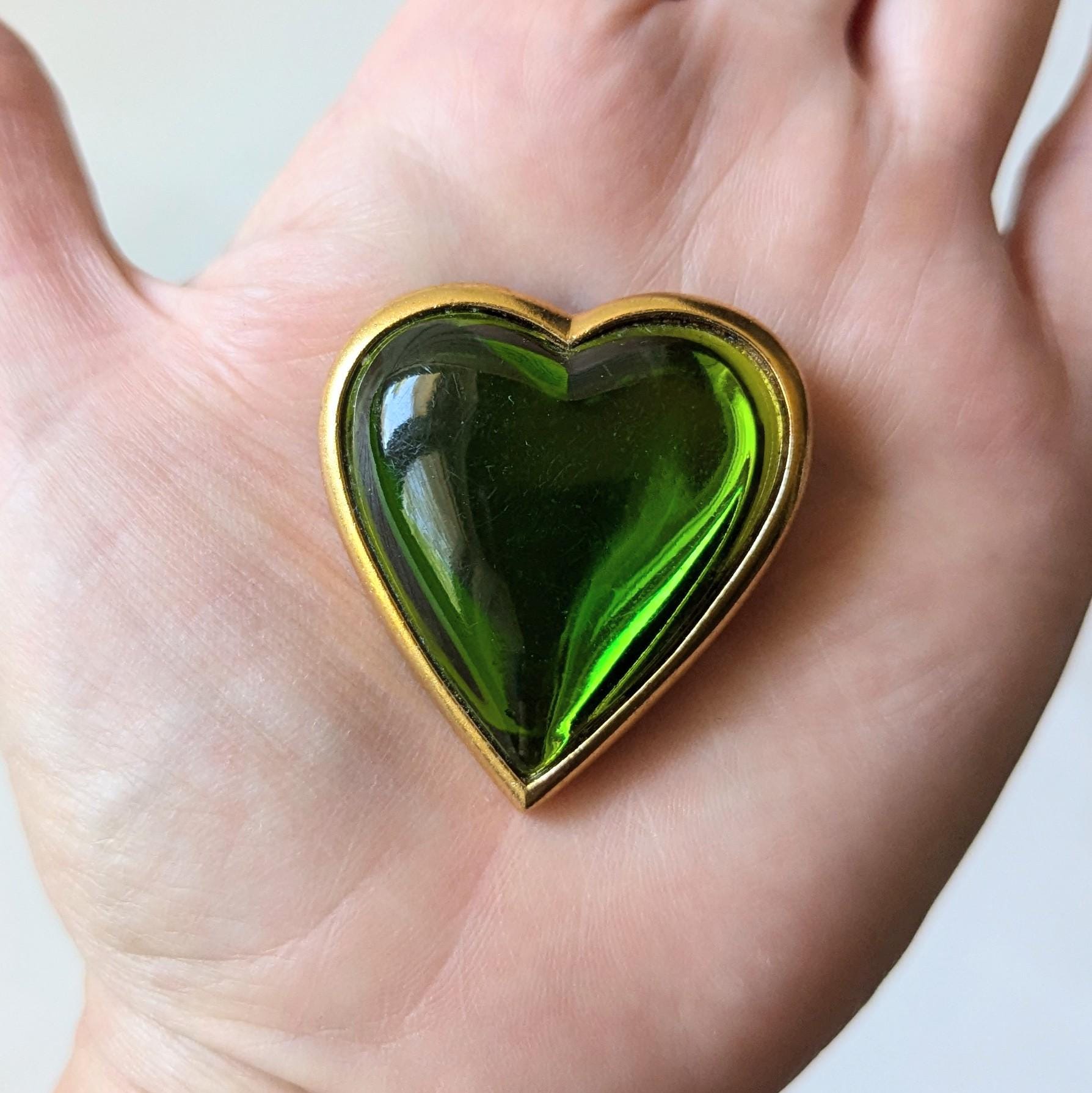 ✦イヴ・サンローラン YSL／ジュエルパウダーケース グリーン♡ヴィンテージ ✦ Vintage Yves Saint Laurent YSL Green Heart Brooch Large Size 1980s