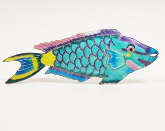 Vintage Silver Enamel Fish Brooch Zarah Tropical Fish Figural 1990s Large Pin Blue Guilloche