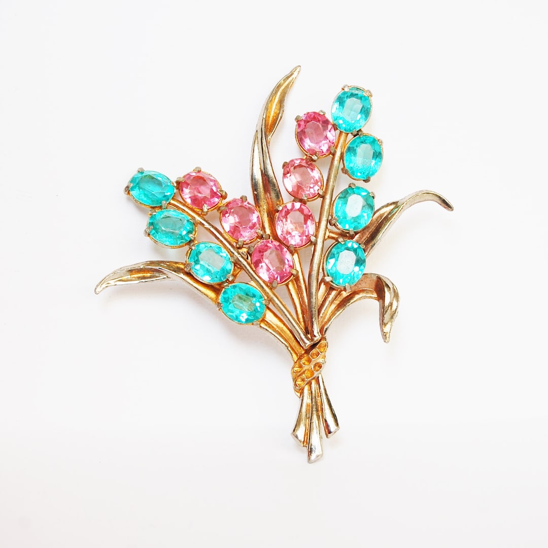 Vintage Rhinestone Flower Bouquet Brooch Unfoiled Aqua and Etsy