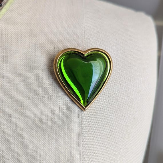 Vintage Yves Saint Laurent YSL Green Heart Brooch Large Size 1980s