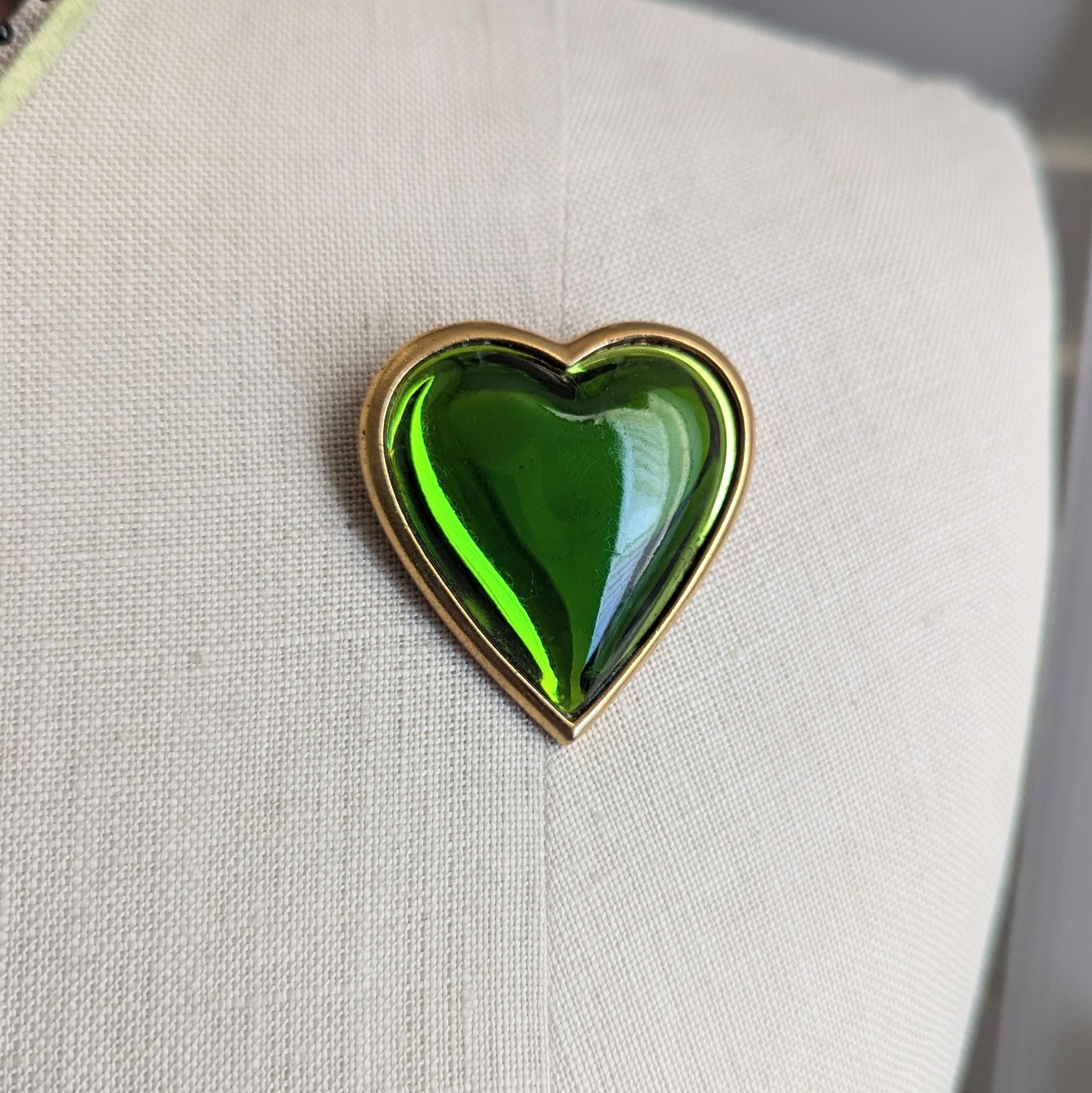 Vintage Yves Saint Laurent YSL Green Heart Brooch Large Size 1980s