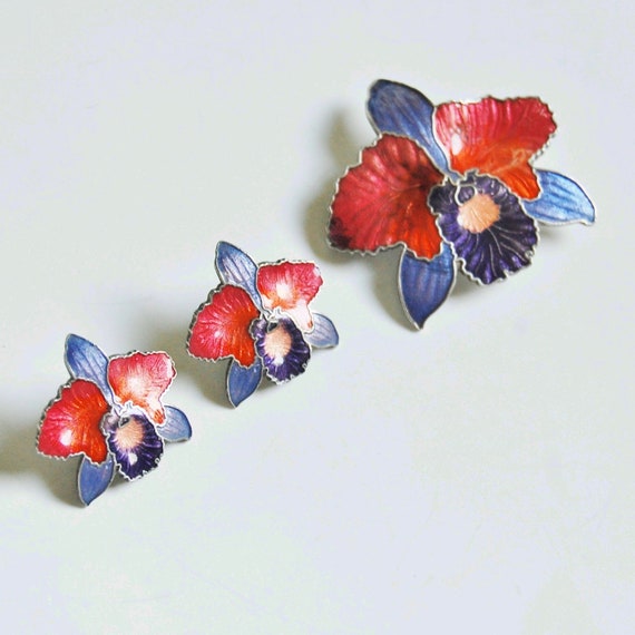 Vintage 1980s Cloisonne Flower Earring and Brooch… - image 4