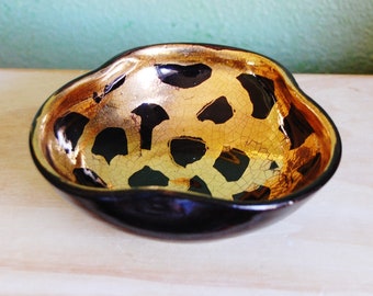 Vintage Italian Art Pottery Black Glaze Gold Crackle Italy Mid Century 1950s Signed