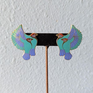 Vintage 1980s Laurel Burch Hummingbirds Cloisonne Earrings Teal Lavender Enamel Retired Hard to Find