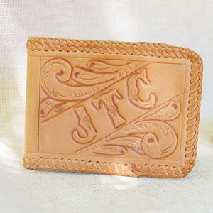Vintage 1950s Cartera de cuero con herramientas Western Billfold Iniciales JTC Monogram