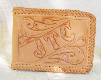 Vintage jaren 1950 bewerkte lederen portemonnee westerse Billfold initialen JTC monogram