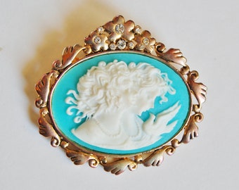 Vintage Cameo Brooch Two Women with Dove 1970s Victorian Revival Blue with Rhinestones Signed AAi