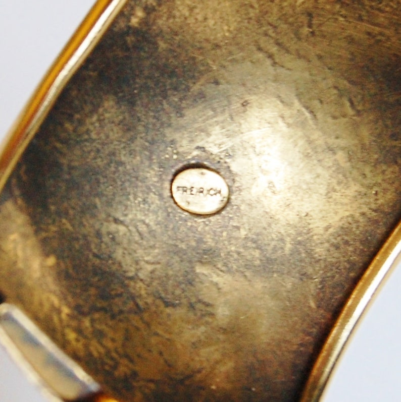 Vintage Freirich Cherub Hinged Cuff Bracelet Victorian Revival 1960s Wide Gold Tone