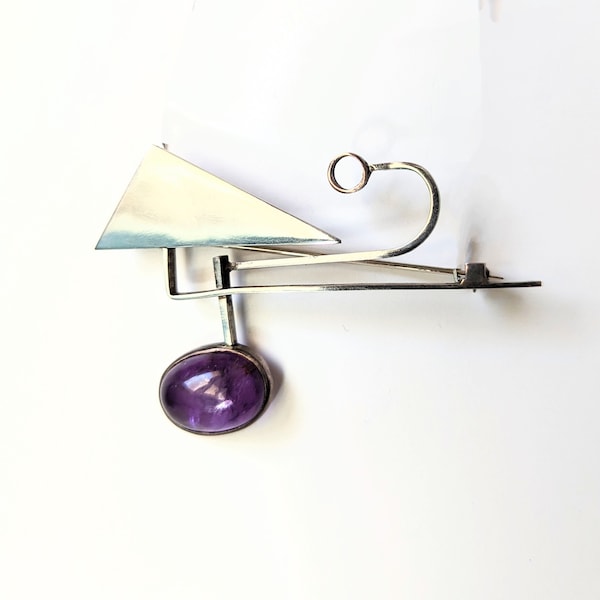 Peter Macchiarini Brooch Mid Century Modernist Silver and Amethyst Cabochon Pin Rare Vintage 1950s 60s Signed