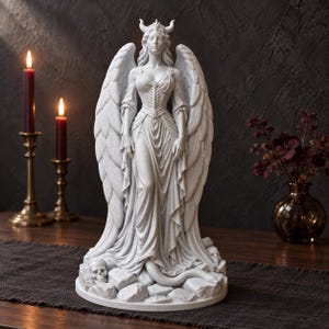 Op de afbeelding: Een lichtgrijs, steenachtig beeld van een gevleugelde figuur met hoorns, gekleed in een lange, vloeiende jurk. De figuur staat op een basis van rotsen en schedels, met een staart zichtbaar onderaan. Het beeld toont gedetailleerde veren en plooien.