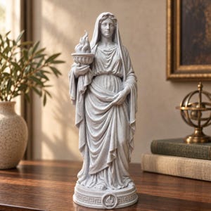 May include: A light gray stone-textured statue of a standing figure draped in flowing robes, wearing a head covering, and holding a flaming torch in the right hand. The circular base features a Greek key pattern and a small flame emblem at the center.