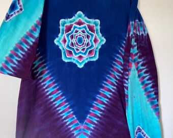Tie Dye long sleeved hooded shirt/SizeXtraLarge/Cool Tone Kaleidoscope Mandala/DeepVee with Blue, Purple & Aqua Solid areas/Festival Fashion