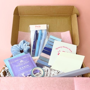May include: An open cardboard box filled with various items, including blue pens, sticky notes, tea packets, a scrunchie, and a roll of washi tape. The box contains a "Mystery Sticker Pack" and is lined with pink tissue paper and white packing material.
