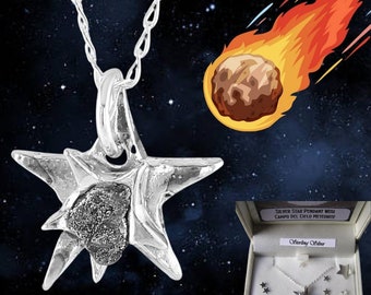 Collar con estrella de meteorito auténtico – Colgante de estrella de plata de ley con meteorito Campo del Cielo – Joyería espacial – Regalo de astronomía