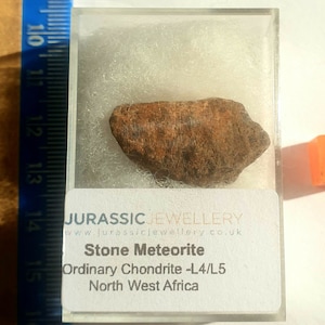 Pode incluir: Um pequeno meteorito de pedra marrom em uma caixa de plástico transparente com um rótulo branco que diz "Stone Meteorite, Ordinary Chondrite -L4/L5, North West Africa" e "JURASSIC JEWELLERY, www.jurassicjewellery.co.uk".
