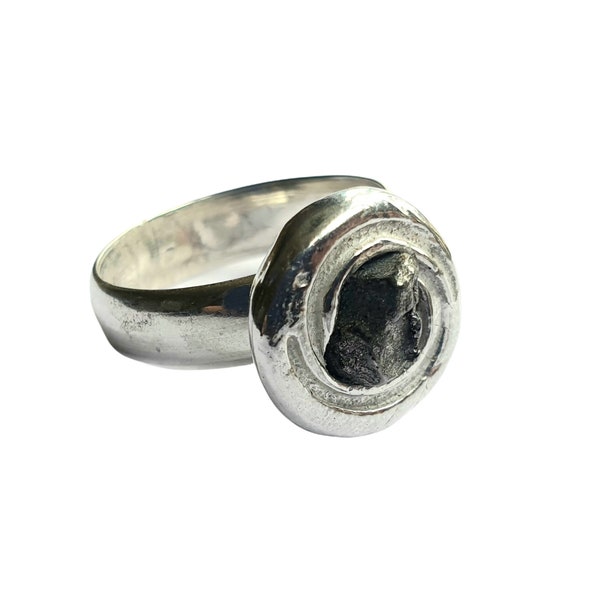 Solid Silver Spiral Ring With Iron Meteorite  - A Special Piece Of Meteorite Jewellery