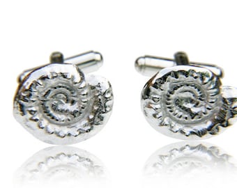 Sterling Silver Ammonite Cufflinks, Fossil Cufflinks, Handmade Silver Mens Jewellery, UK Ammonite Fossil Gift, Wedding Cufflinks