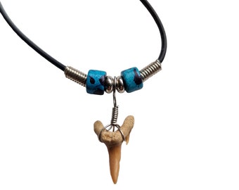 Fossil Sand Shark Tooth Pendant On Rubber  Thong  - SMALL And Beautifully Boxed