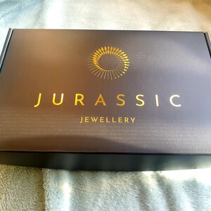 Puede incluir: Una caja negra con un logotipo dorado que dice "JURASSIC JEWELLERY". El logotipo presenta un sol estilizado con rayos.