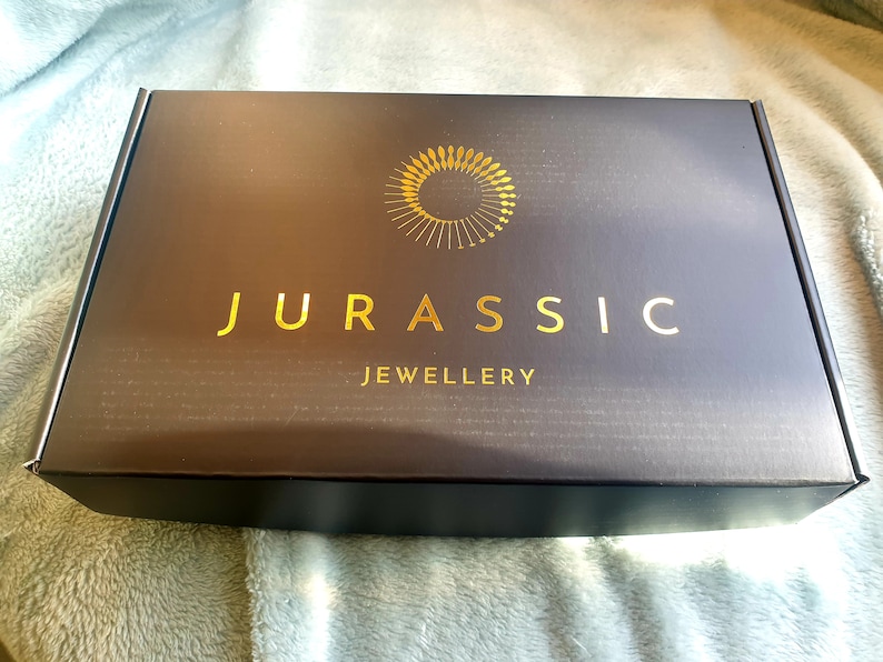 Puede incluir: Una caja negra con un logotipo dorado que dice "JURASSIC JEWELLERY". El logotipo presenta un sol estilizado con rayos.
