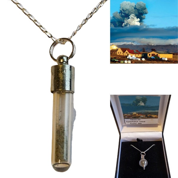 Icelandic Volcanic Ash Necklace - Silver Chain -Classic Test Tube Shape