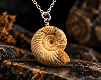 Puede incluir: Un colgante de fósil de ammonite en forma de espiral de color tostado, suspendido de una cadena de metal plateado. El fósil presenta texturas estriadas detalladas y una coloración natural, con una pequeña zona rugosa en el borde exterior.